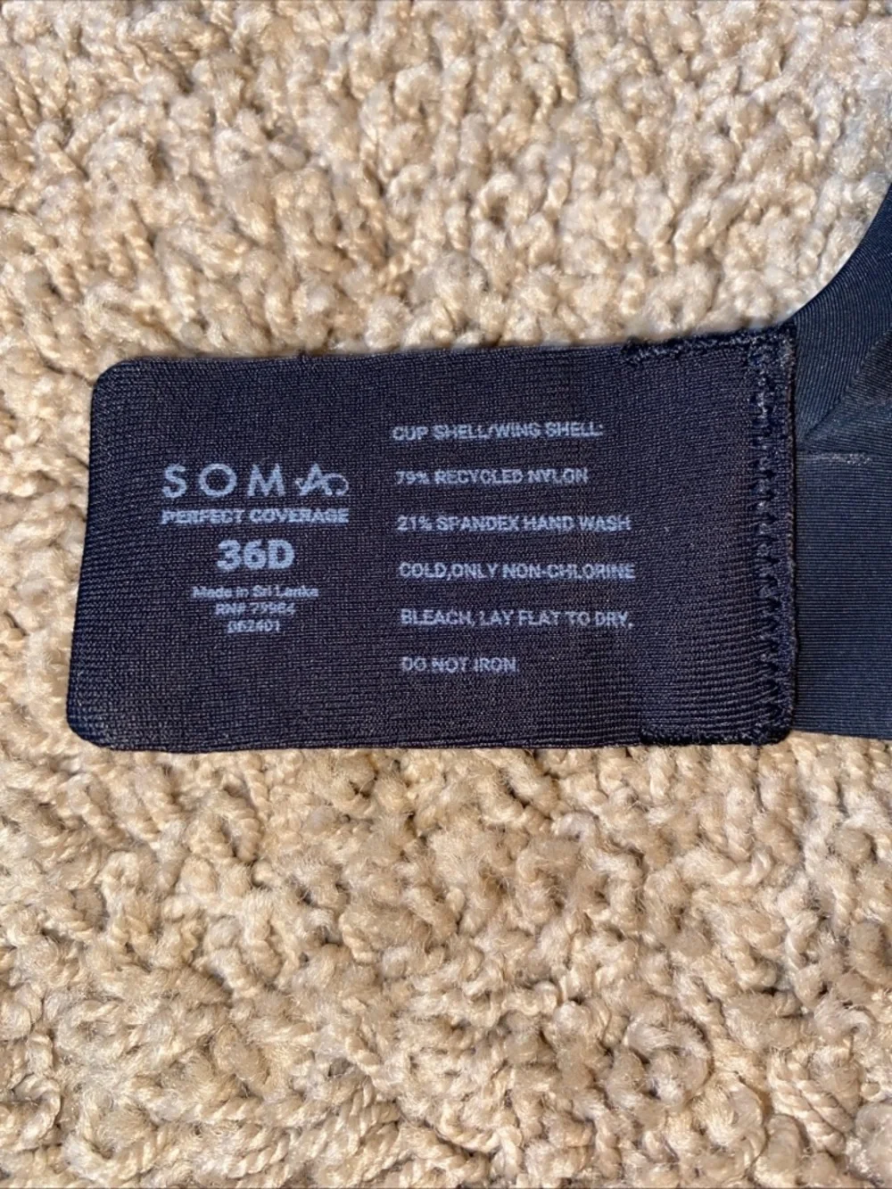 Soma Perfect Coverage Bra Size 36D Black Underwire Full Coverage Lined